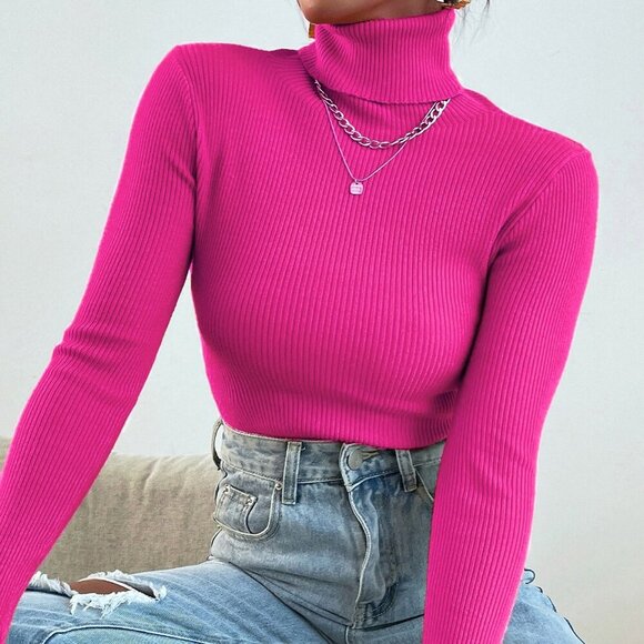 Hot Pink Casual Women's Turtleneck Ribbed Knit Long Sleeve Pullover Sweater - Picture 3 of 5